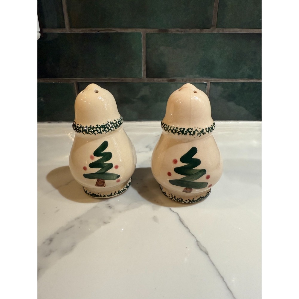 CHRISTMAS SALT AND PEPPER SHAKERS Stoneware Tree Holiday Spatter Trim